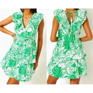 NWT Lilly Pulitzer Ritamarie Dress Sz 10 Green White Ruffle V-Neck Tassel